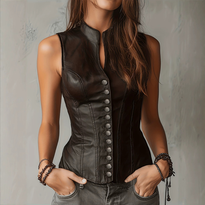 European and American Cross-Border Foreign Trade 2026 New Style Women's Button-Down Design Vest Sexy Sleeveless Pu Leather Top for Women European and American Cross-Border Foreign Trade 2026 New Style Women's Button-Down Design Vest Sexy Sleeveless Pu Leather Top for Women