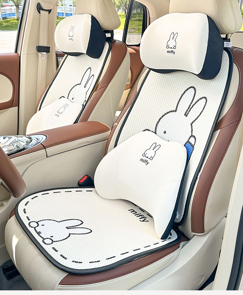 Authentic Miffy Headrest and Waist Pillow, Simple Car Neck Pillow, Ice Silk Honeycomb Breathable Car Pillow for All Seasons