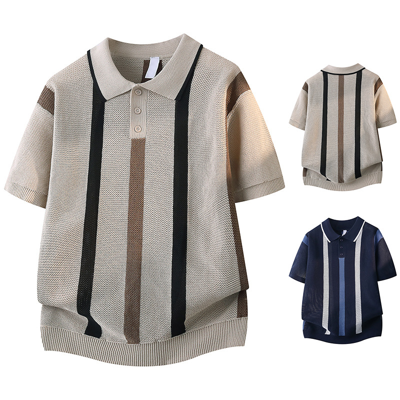Polo camiseta de punto camiseta de manga corta hombre solapa rayas viejas camisetas de hielo agujeradas de verano fábrica transfronteriza mayorista