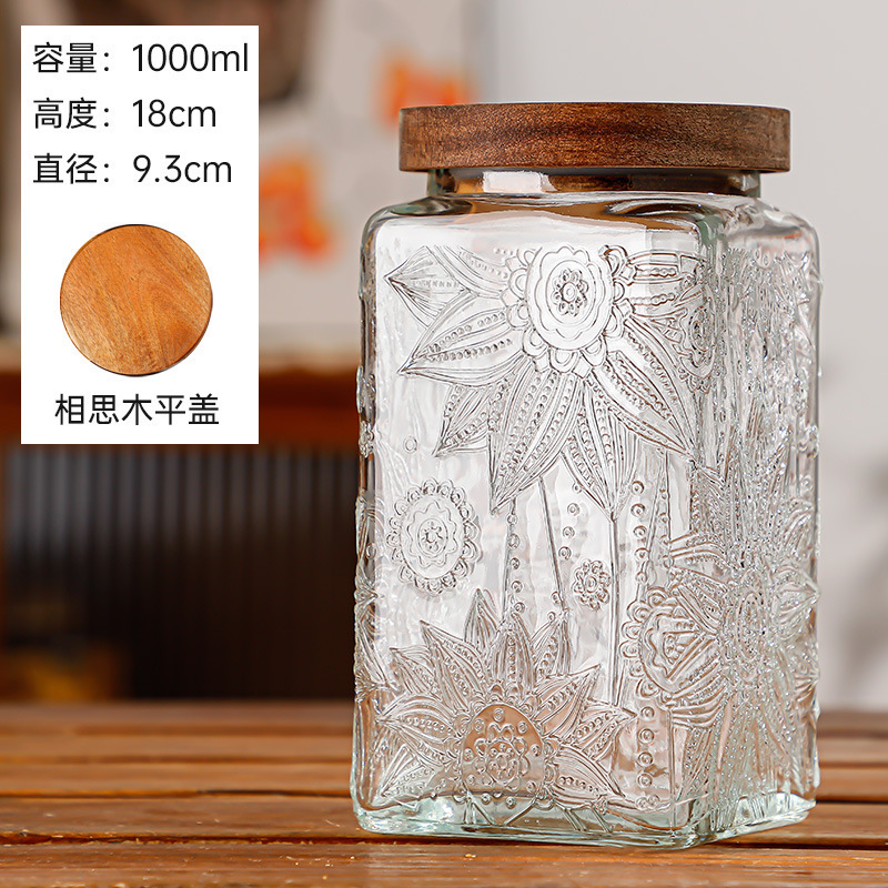 Hogar vintage Begonia flor realzada snack caramelo almacenamiento tarro bambú cubierta americana cocina transparente vidrio sellado frasco