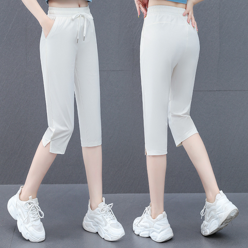 Ice Silk Quick-Drying Elastic Ankle Slit Casual Sports Cropped Pants for Women Summer Elastic High Waist Solid Color Non-Slip