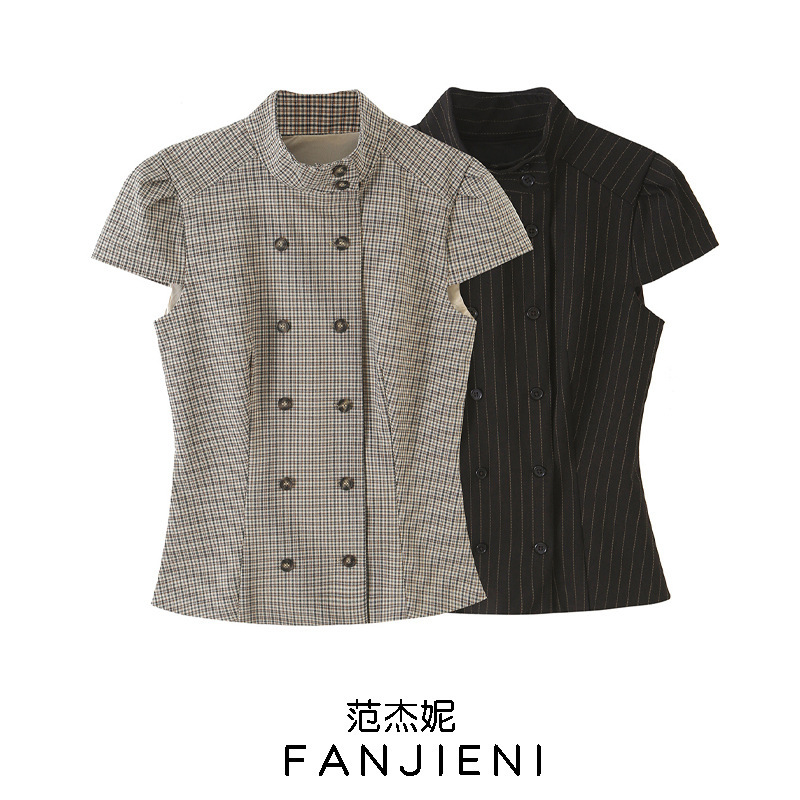 ZR wholesale for export: European and American style women's clothing, fashionable and versatile retro striped stand-up collar short-sleeve top 4764037 ZR wholesale for export: European and American style women's clothing, fashionable and versatile retro striped stand-up collar short-sleeve top 4764037