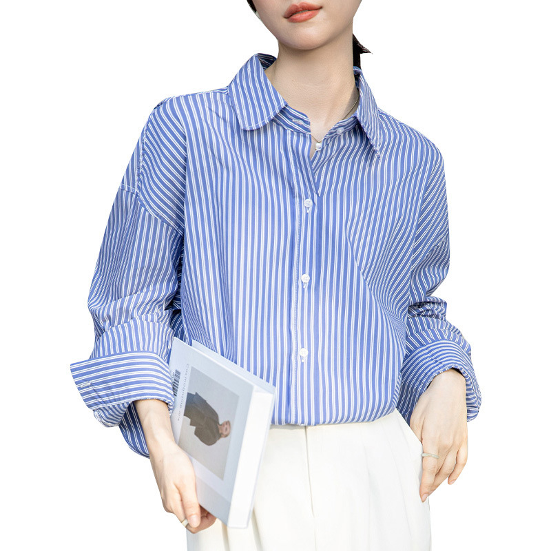 条纹衬衫女装2025秋冬新款薄款宽松Polo领通勒衬衣长袖上衣女外穿|undefined