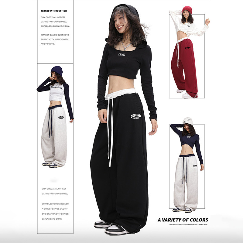 High Waist Contrast Color Lace-up Sports Pants Women's American Cross-border Fashion Spring and Autumn All-match Street Trendy Letter Casual Pants