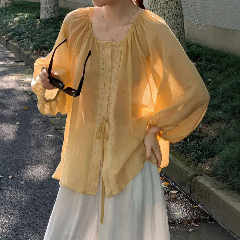 Korean-style ramie semi-transparent blouse for women, summer lace-up loose lantern sleeve shirt, thin sun-protective French top