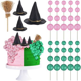 44Pcs Witch Cake Decoration Witch Party Supplies Green Pink Witch Broom Birthday Cake Decoration