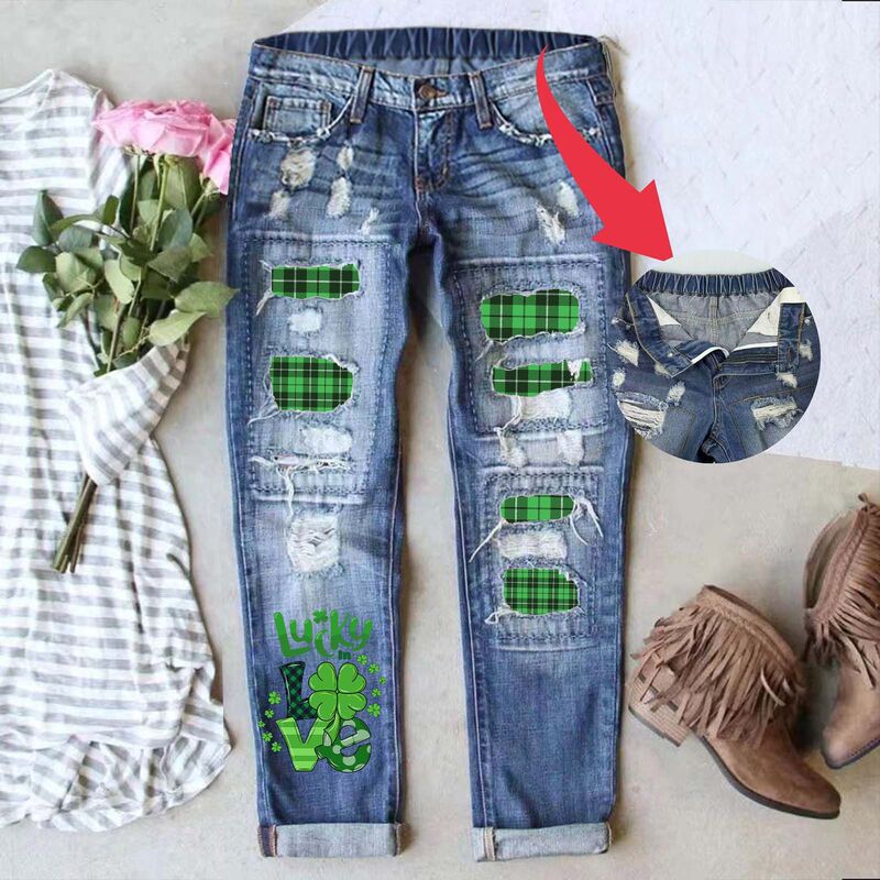 European and American Cross-Border DIY St. Patrick's Printed Mid-Waist Straight Elastic Belt Women's Ripped Fashion Jeans