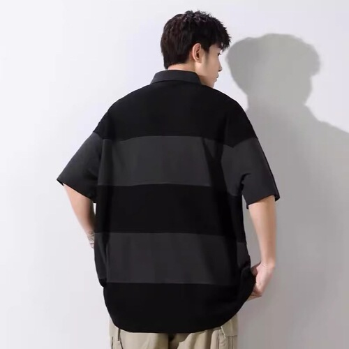 Blue-Striped Polo Shirt Japanese-Style Youth Collared T-Shirt Men's Short Sleeve Couple's Outfit Summer Wear Hong Kong Style Polo Cross-Border