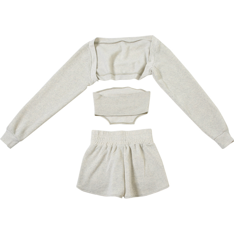 Autumn Winter Women Clothing Solid Color Sexy Tube Top Vest Cardigan Outer Casual Shorts Three Piece Set for Women