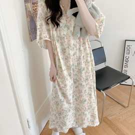 批发货源 韩版ins碎花纯棉睡裙双层纱镂空花边短袖家居服女士睡裙
