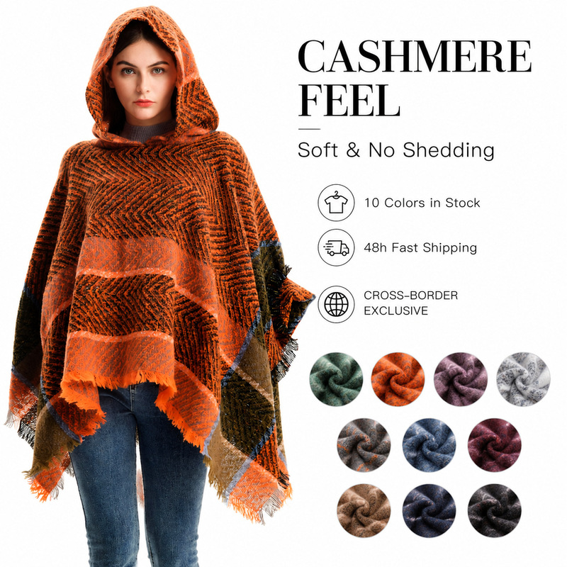 New Cross-Border Foreign Trade European and American Style Spring, Autumn, and Winter Herringbone Pattern Women's Hooded Cape Pullover Cloak in Stock from the Factory