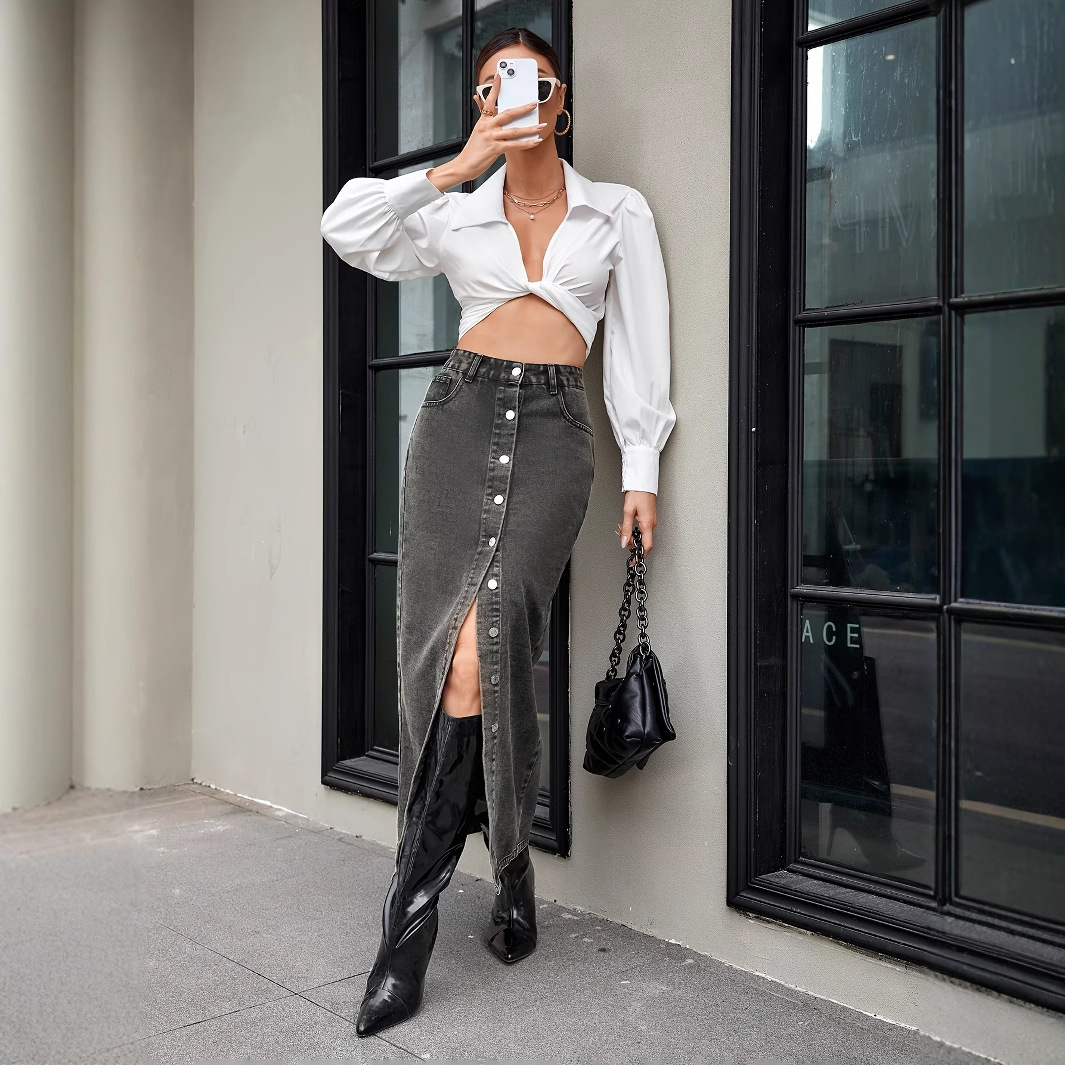 Women's Clothing Retro Trend Slit Multi Button Denim Skirt_voghion.com
