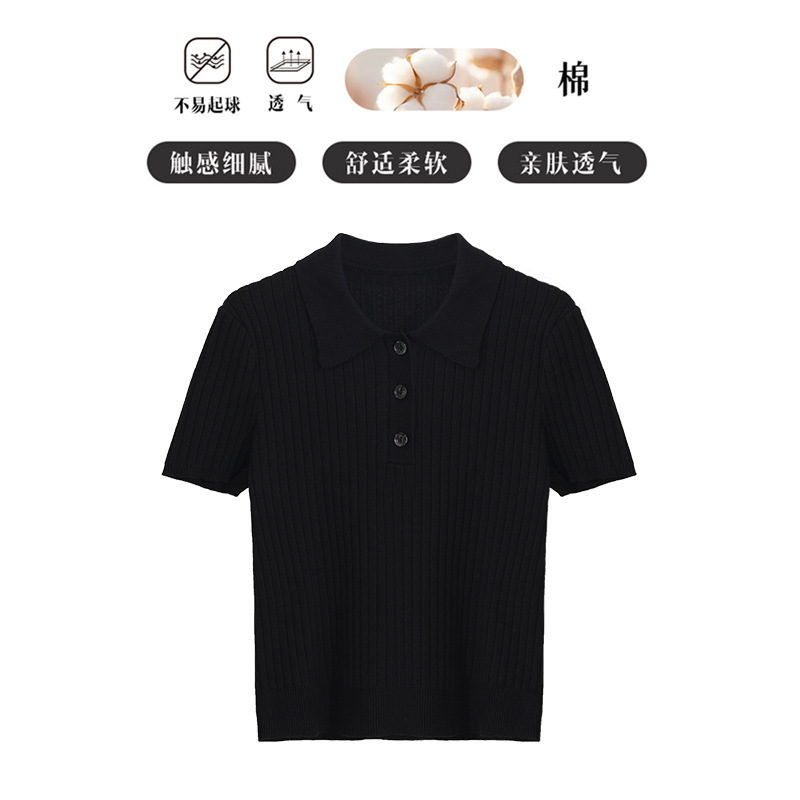 Breathable Summer Knitwear Women's 2025 Summer Thin Short-sleeved T-shirt Polo Neck Slim-fit Slimming Shoulder Short Top