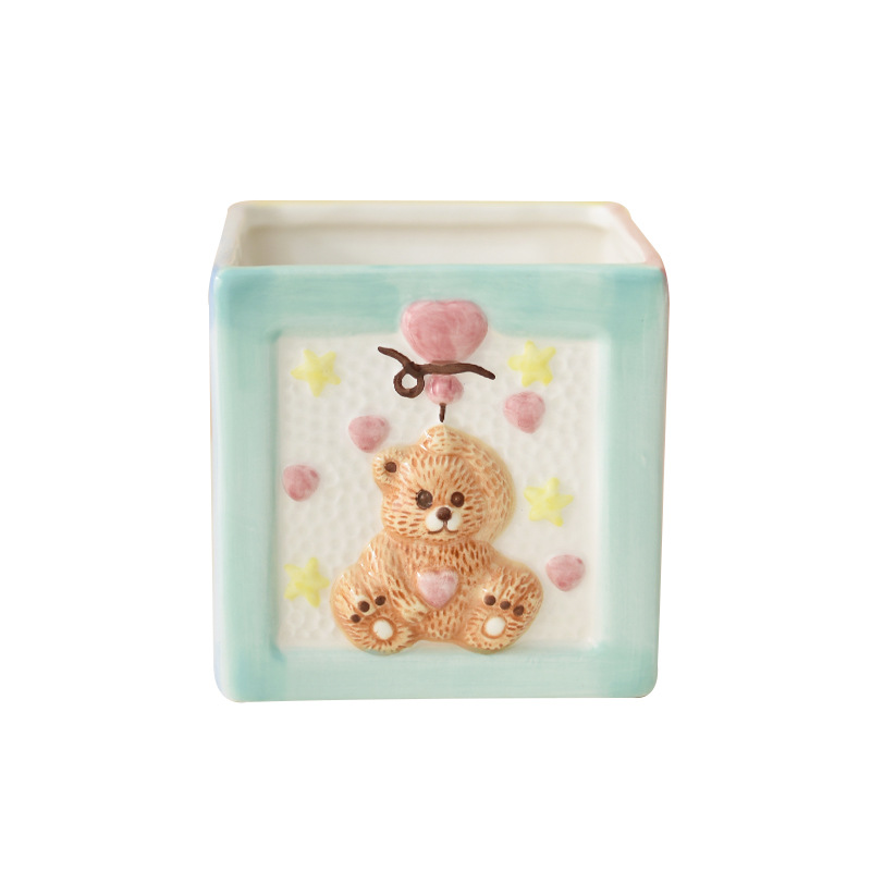 Oso lindo chica Corazón de cerámica maceta carta cuadrado maceta titular de la flor del hogar olla de almacenamiento adornos decorativos