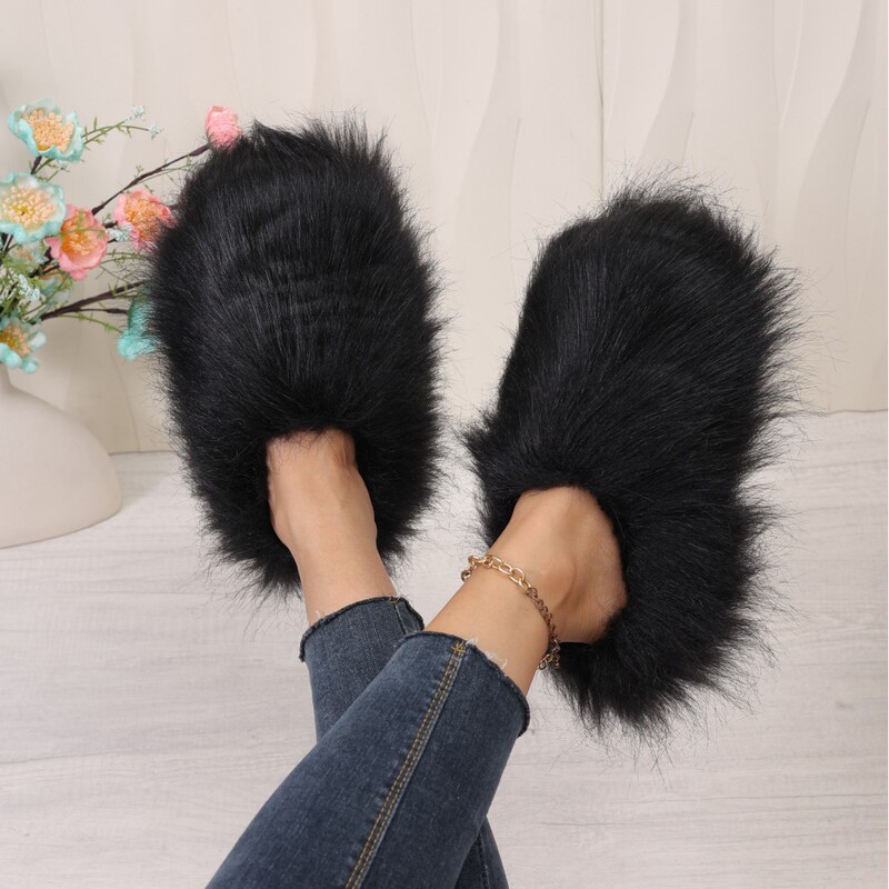 European and American style fluffy long-pile plush half-slippers for women, fashionable lazy slippers for outdoor wear, thickened and warm for autumn and winter, closed-toe furry slippers European and American style fluffy long-pile plush half-slippers for women, fashionable lazy slippers for outdoor wear, thickened and warm for autumn and winter, closed-toe furry slippers