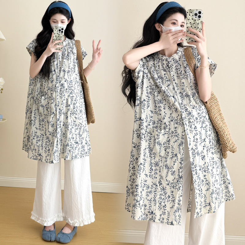 Real in stock Japanese Sweet Loose Mid-length Floral Shirt suit Casual Wide-leg Lace Wide-leg Pants