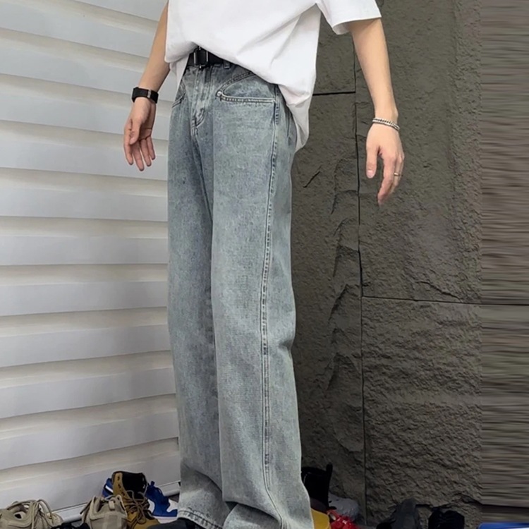 Mokuang Youth ヘイズブルー スリム ウォッシュド ブーツカット パンツ ブルー パンツ 多用途 ティーンエイジャー ニッチ デザイン ジーンズ|undefined