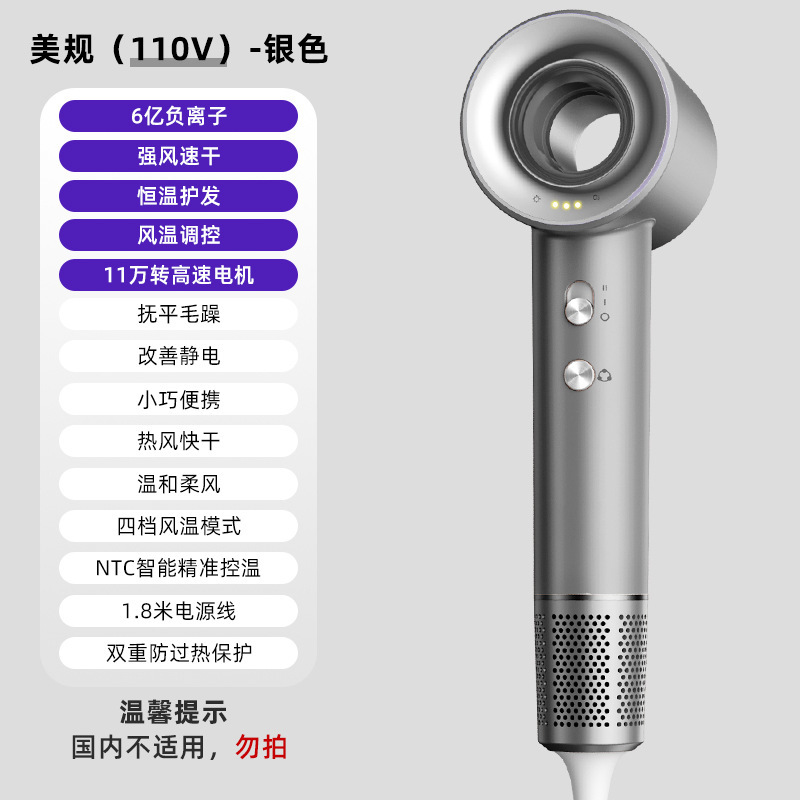 【D8-D】실버【미국 규격 (누전 차단 기능 없음) - 110V】- 11만 RPM 브러시리스 모터 + 6억 개 음이온 + 중공 디자인 + 자석 흡입 노즐