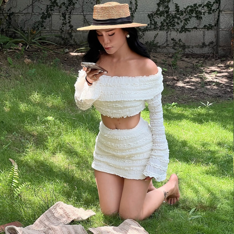 欧美风女装2025秋季新款甜美纯欲露肩褶皱长袖上衣包臀半身裙套装|undefined
