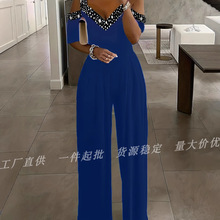 2025春夏新款印花连衣裙跨境欧美女装wish阔腿连体裤收腰连体礼服
