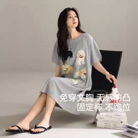 【带胸垫】夏季新款纯棉女短袖套头睡裙卡通休闲女家居服图片色