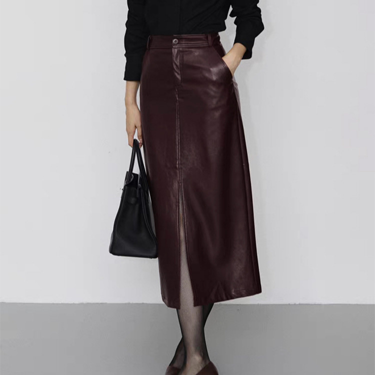Genuine Leather Skirt Hn5308 Goatskin A-Line Front Slit and Elastic Waist French Elegant High-Waisted Mid-Length Skirt