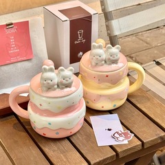 かわいくて見栄えの良いウサギのセラミックカップ、蓋とスプーン付き、ウォーターカップ、マグカップ、コーヒーカップ、親友やカップルへのお土産