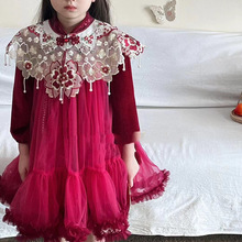 女童改良拜年服2024冬季新款刺绣云肩网纱tutu裙儿童复古丝绒长裙