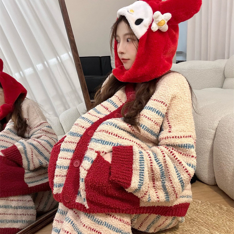 【现货】复古半边绒大码睡衣女冬季新款加绒加厚本命年家居服套装|undefined