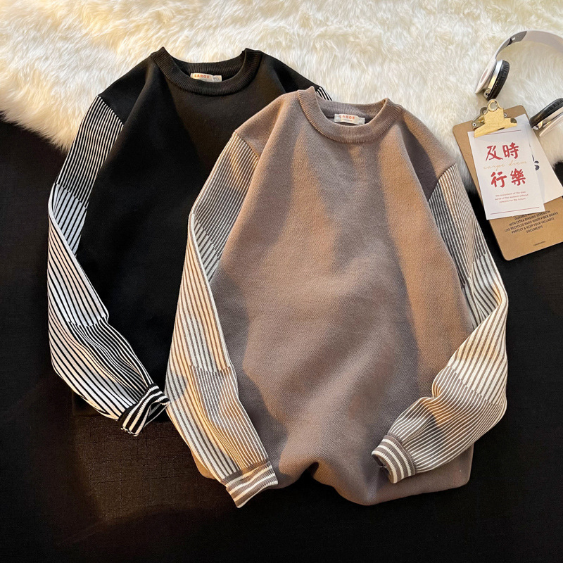 Autumn and Winter Vintage Striped Niche Stitching Sweater Men's Loose Knitted Shirt Korean Fashionable Wool