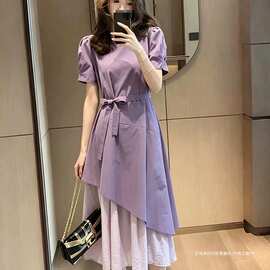 紫色连衣裙女2026夏季新款韩版气质小众设计感拼接假两件连衣裙潮