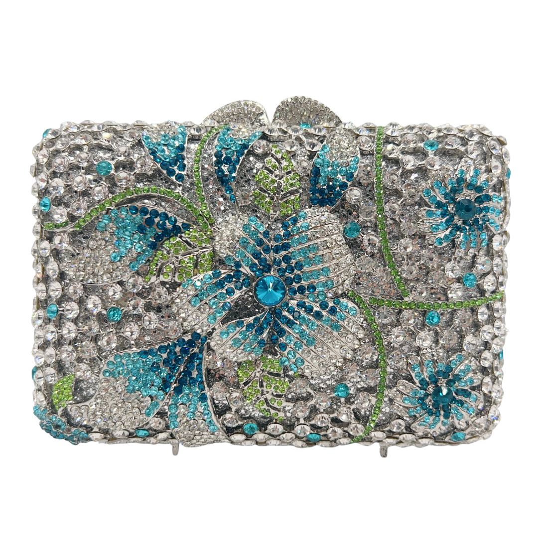 Túi clutch nữ đính đá dạ hội cầm tay họa tiết hoa kim cương — màu xanh bạc