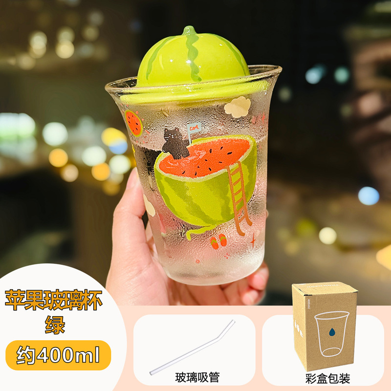 卡通苹果高硼硅玻璃杯带盖可爱家用水果吸管杯耐高温马克杯伴手礼|undefined