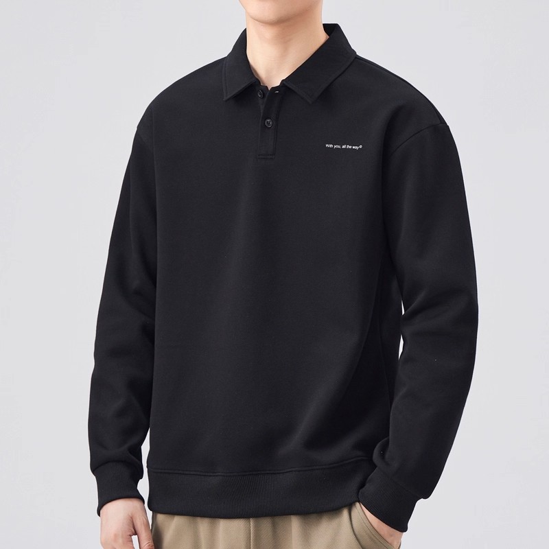 2025 New Long-Sleeved Polo Shirt Men's Spring & Fall Loose American Fashion Brand Handsome Collared Black T-Shirt Sweatshirt