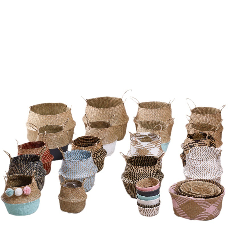 Cesta de flores tejida de pasto marino plegable de 100 cm de diámetro, 45 cm de color natural, cesta de almacenamiento para el hogar, maceta de escritorio.