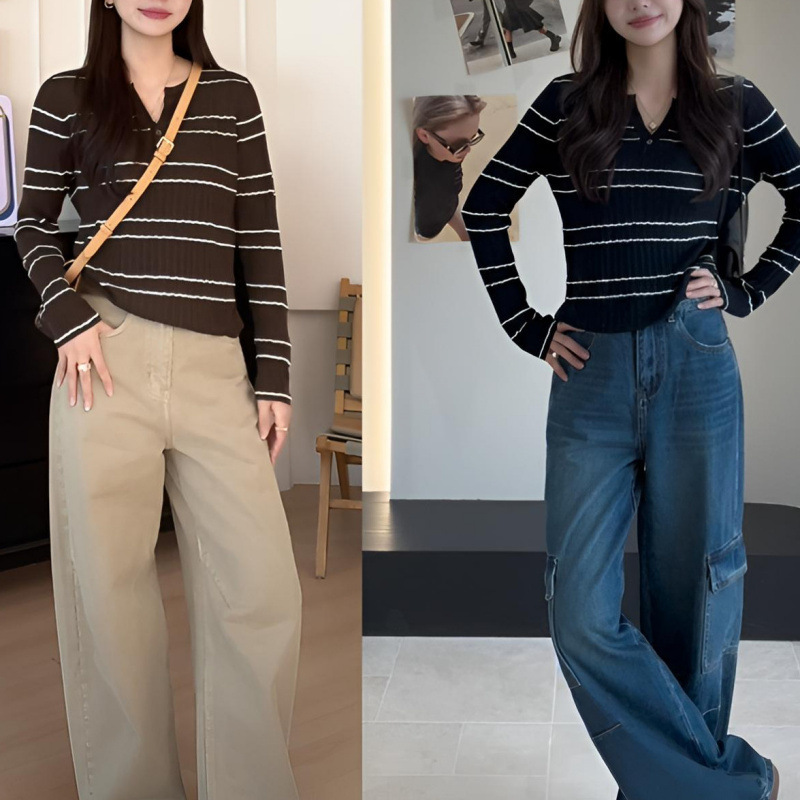 Korean-style minimalist V-neck striped knit sweater for women, autumn slim-fit, versatile long-sleeve pullover top Korean-style minimalist V-neck striped knit sweater for women, autumn slim-fit, versatile long-sleeve pullover top
