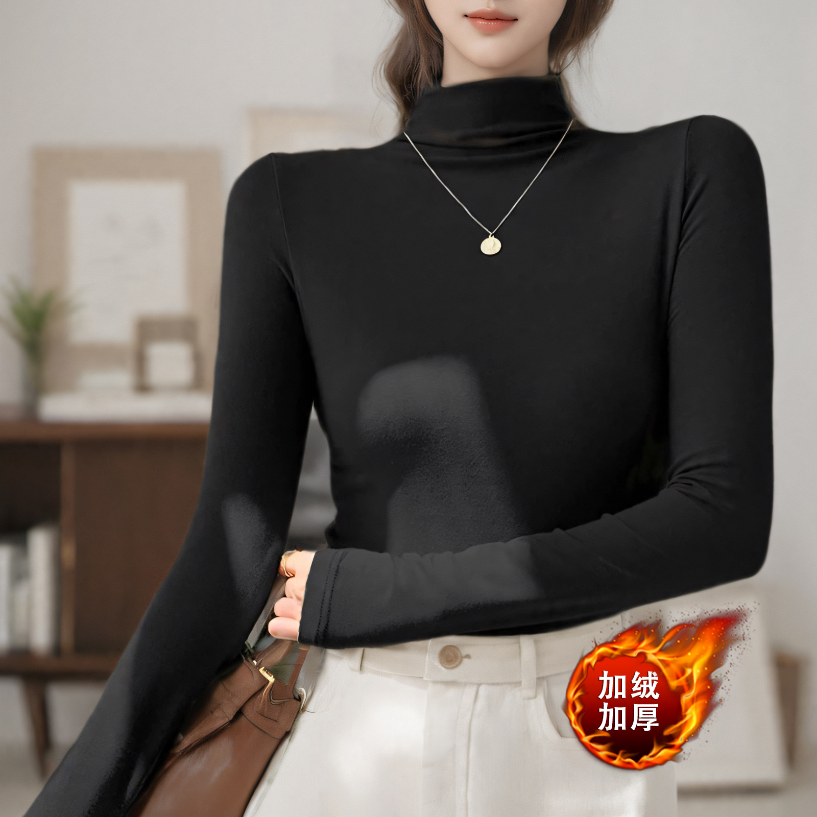 fleece-lined Half High Collar Base Shirt Women's Autumn and Winter 2024 New Inner Long Sleeve T-shirt Slim-fit Slim-fit Warm Top