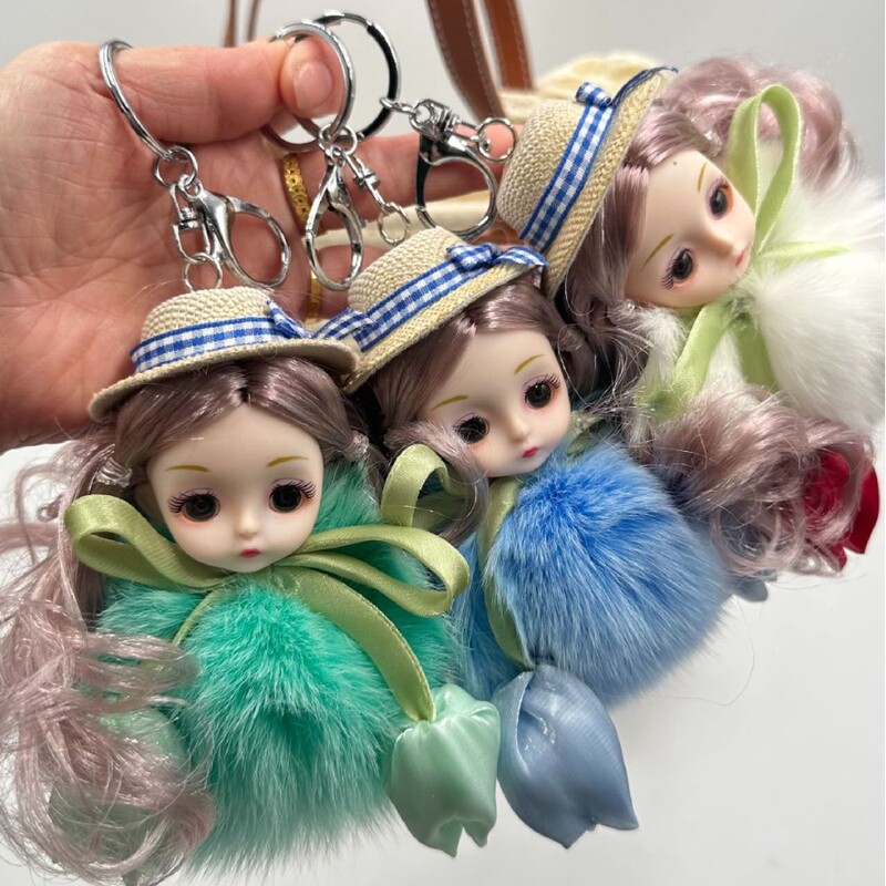 Cute Plush Big-Eyed Doll Car Keychain Pendant Personalized Creative Real Fox Fur Doll Bag Pendant