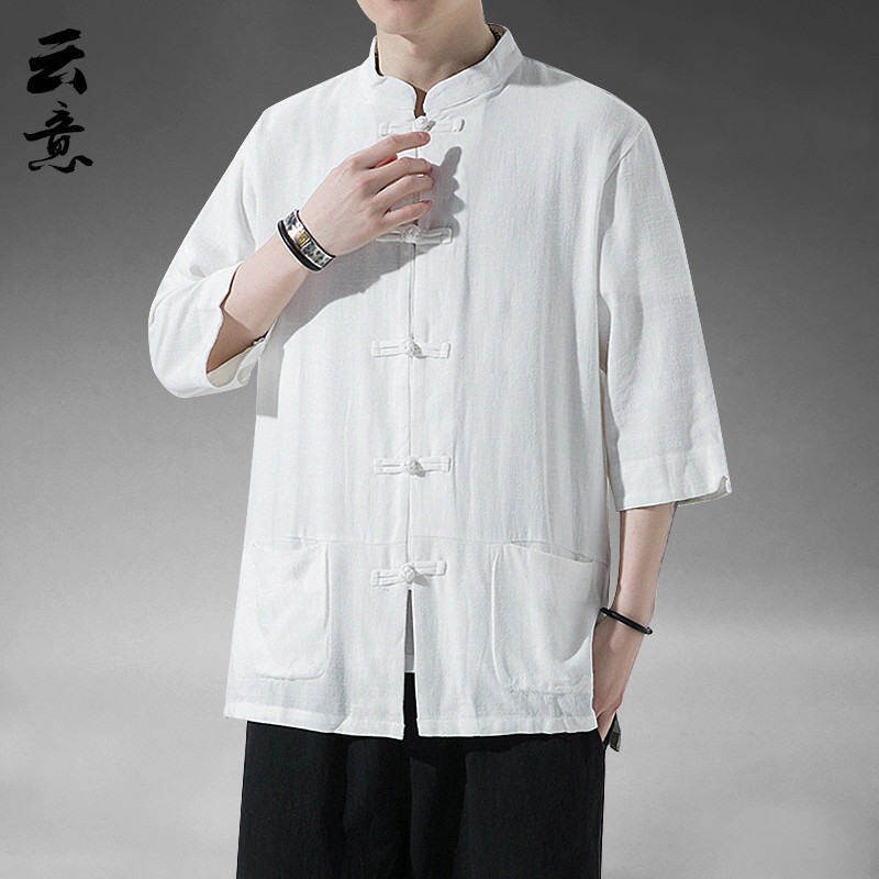 春夏中国风男装亚麻衬衫男复古唐装汉服居士服茶服太极五分袖衬衣