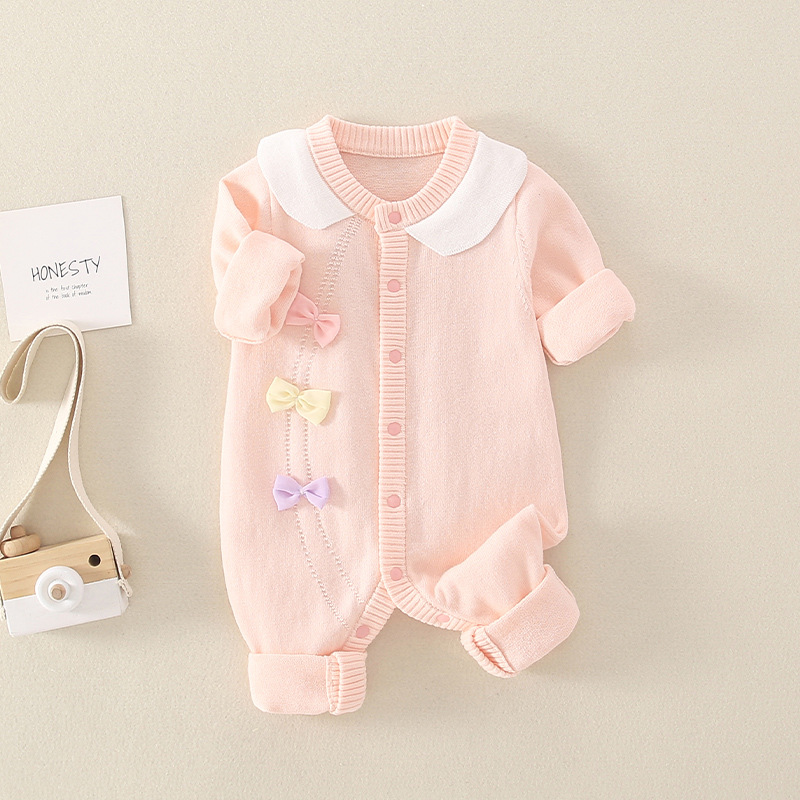 Bow Baby Spring and Autumn Jumpsuit Full Moon One-year-old Climbing Suit Cute Boy and Girl Baby Jumpsuit Knitted Climbing Suit
