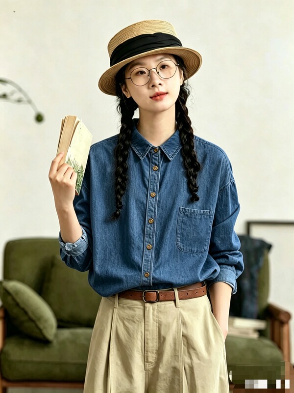 Classic Turn-down Collar Denim Shirt 2026 Autumn/Winter New Japanese and Korean Style Solid Color Shirt Women's Top 2763 Classic Turn-down Collar Denim Shirt 2026 Autumn/Winter New Japanese and Korean Style Solid Color Shirt Women's Top 2763