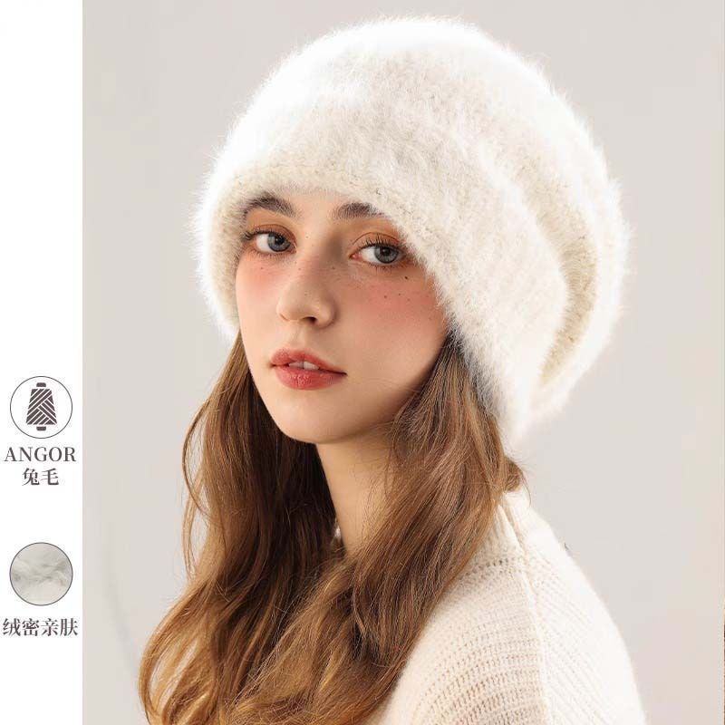 高档兔毛帽子女秋冬毛绒堆堆帽显脸小针织毛线帽大头围加厚保暖无|undefined