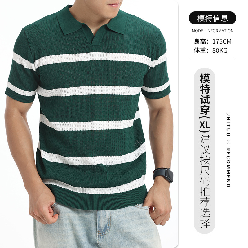 Verano hombre hueco rayas de cuello V jersey polo seda transpirable mangas cortas de negocios casuales superior
