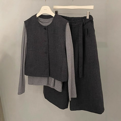 单排扣无袖马甲长袖打底衫阔腿裤套装女2025春秋新款三件套可代发