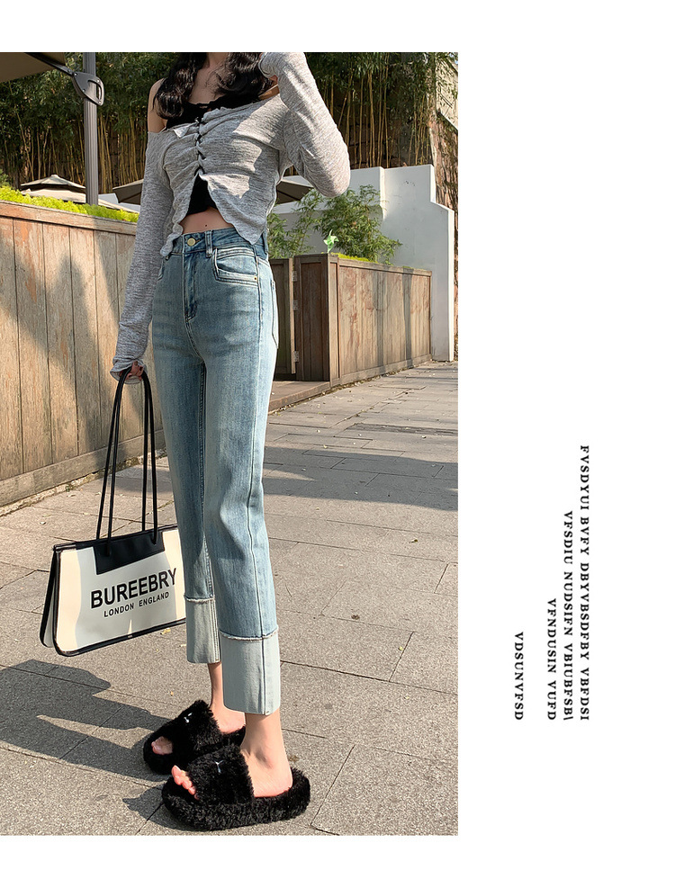 【中国直邮】HEY+JEANS 春季韩系翻边高腰显瘦九分裤 黑色 M