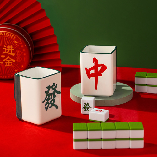 Mahjong shape good luck ceramic cup personalized creative chess and card room mug national trend new year gift coffee cup