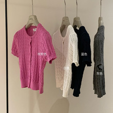 WGWE3422老钱风经典麻花针织Polo短袖女夏新薄款开衫上衣