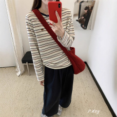 020秋季2025新款慵懒风条纹小标上衣中长款条纹长袖打底衫女士T恤