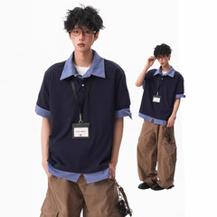学院风假两件Polo衫短袖男女夏季高级感情侣T恤简约宽松半袖上衣
