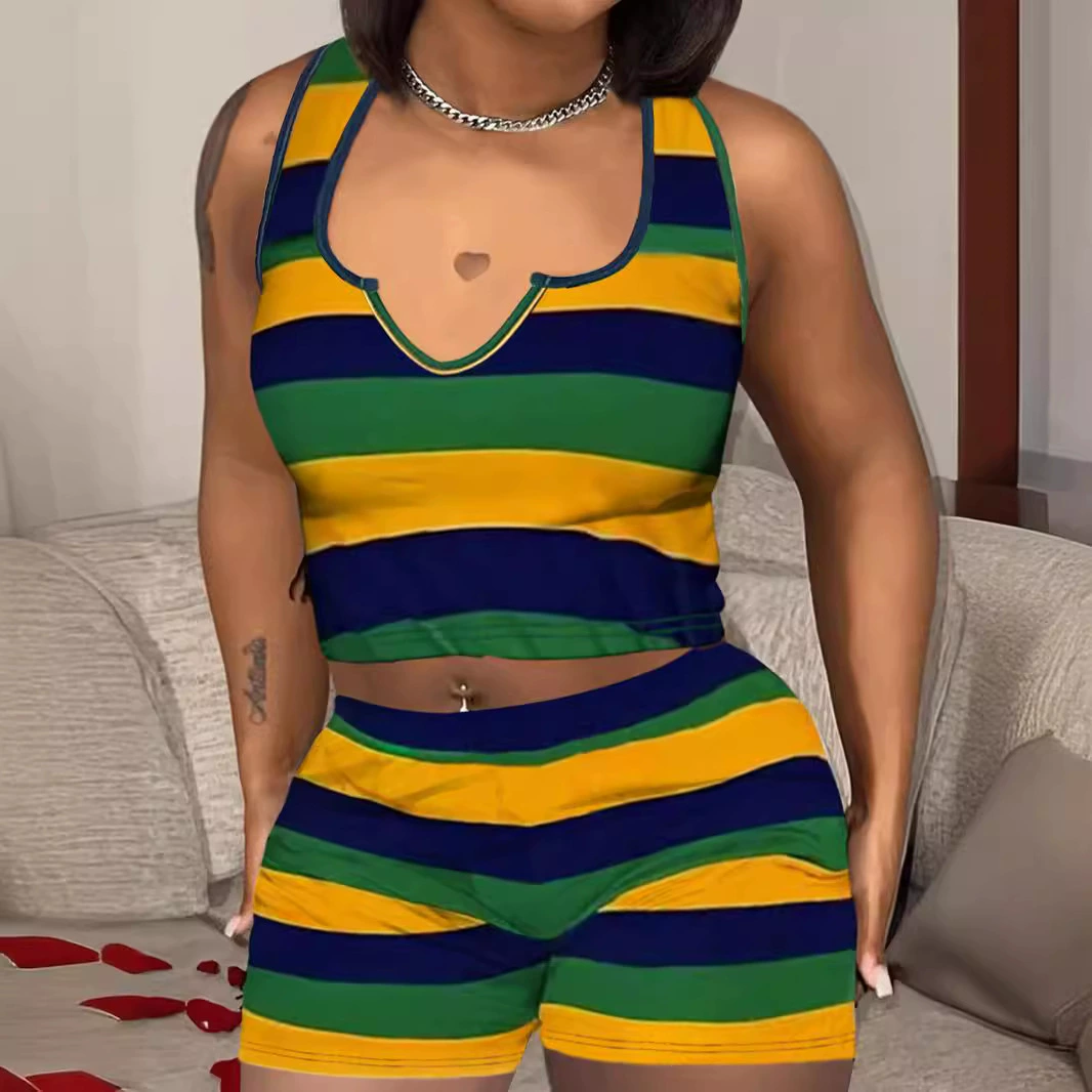 3143 европейские и американские Amazon трансграничные женские летние повседневные короткие топы в полоску узкие шорты набор